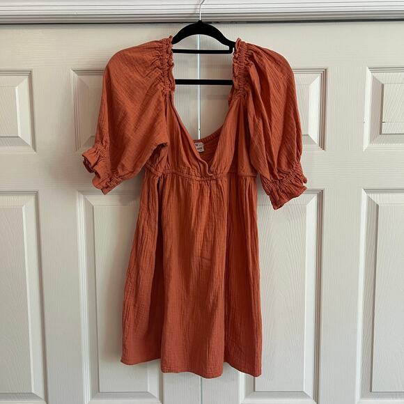 Billabong Perfect Paradise Coral/Terracotta Babydoll Puff Sleeve Dress Size L - Picture 3 of 12